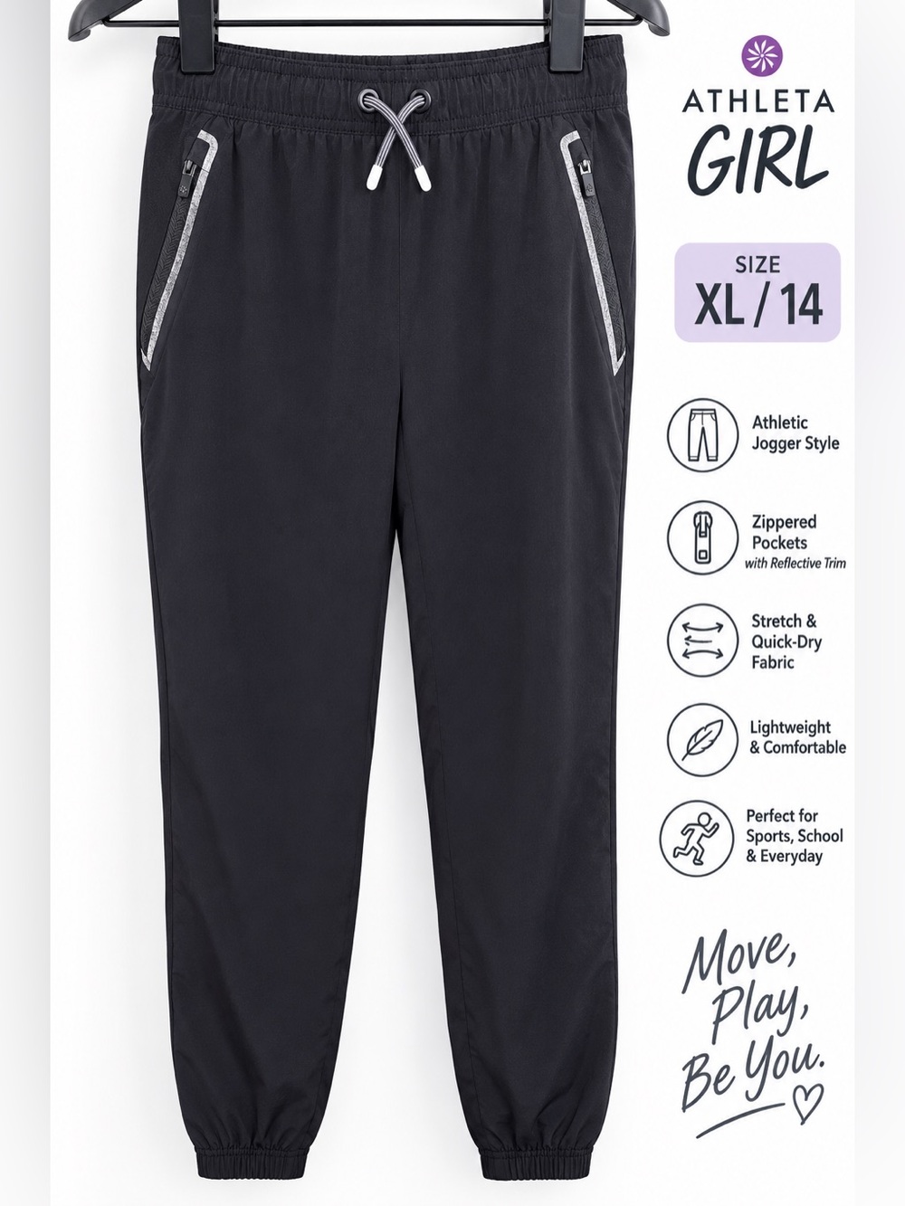 Athleta Girl Black Lined Jogger Pants XL 14 Reflective Zip Pockets